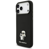 Husa de protectie Karl Lagerfeld Silicone Karl & Choupette Metal Pin compatibil cu iPhone 17 Pro Max / iPhone 18 Pro Max, Negru