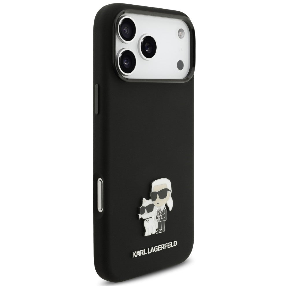Husa de protectie Karl Lagerfeld Silicone Karl & Choupette Metal Pin compatibil cu iPhone 17 Pro Max / iPhone 18 Pro Max, Negru