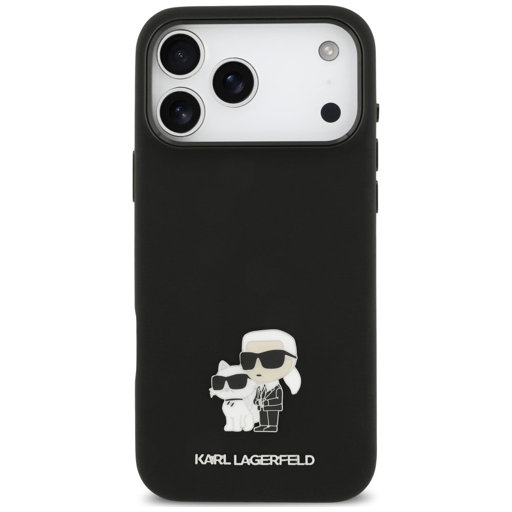 Husa de protectie Karl Lagerfeld Silicone Karl & Choupette Metal Pin compatibil cu iPhone 17 Pro Max / iPhone 18 Pro Max, Negru