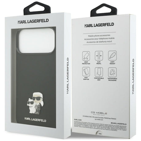 Husa de protectie Karl Lagerfeld Silicone Karl & Choupette Metal Pin compatibil cu iPhone 17 Pro Max / iPhone 18 Pro Max, Negru