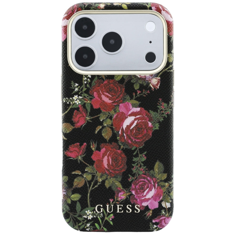 Husa de protectie Guess Blossom Roses Print compatibil cu iPhone 18 Pro / iPhone 17 Pro, Negru