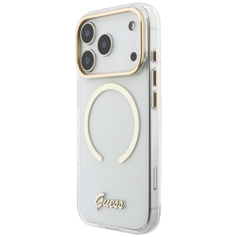 Husa de protectie Guess IML Script Metal MagSafe compatibil cu iPhone 18 Pro Max / iPhone 17 Pro Max, Transparent