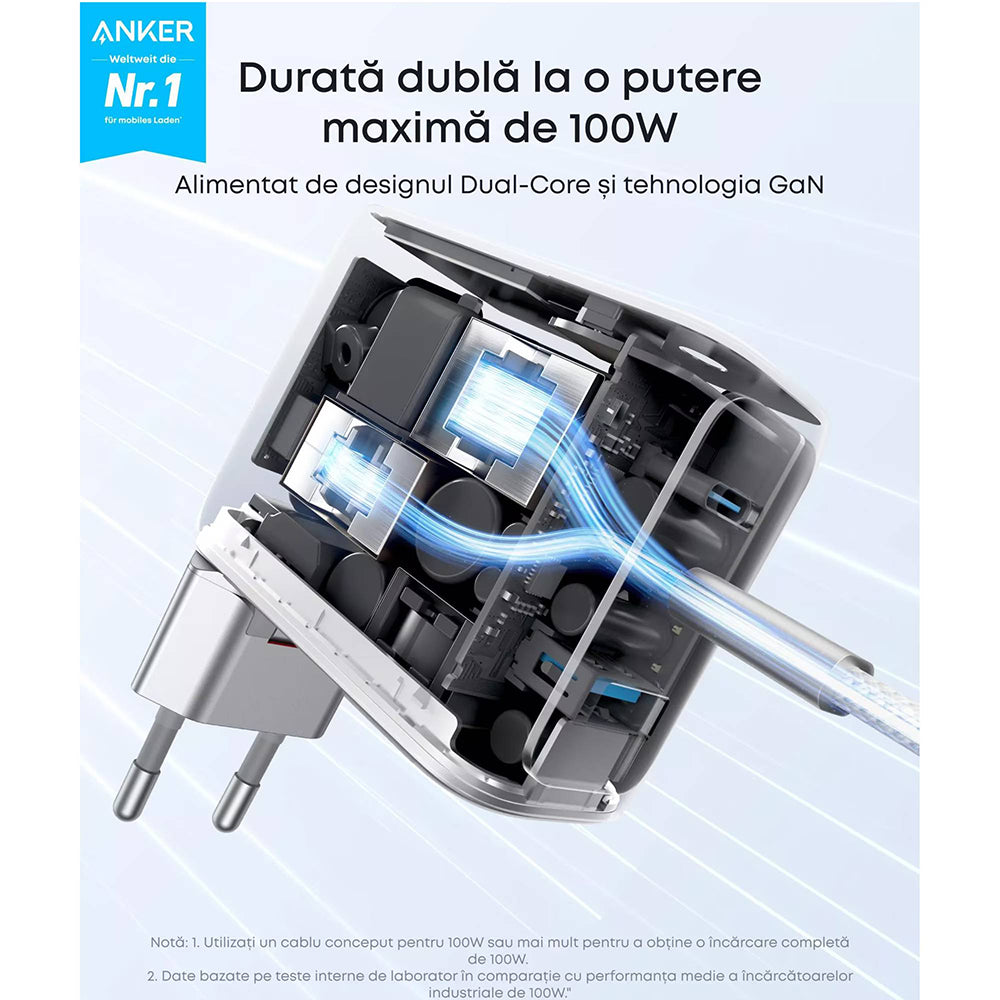 Incarcator Anker (B121BG41), 2x USB-C + USB, 100W, Fast Charge, Argintiu