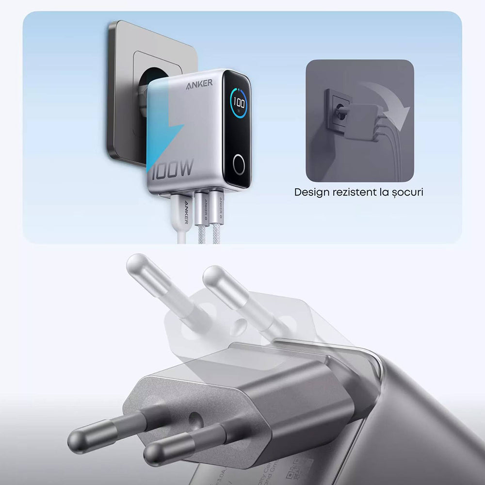 Incarcator Anker (B121BG41), 2x USB-C + USB, 100W, Fast Charge, Argintiu