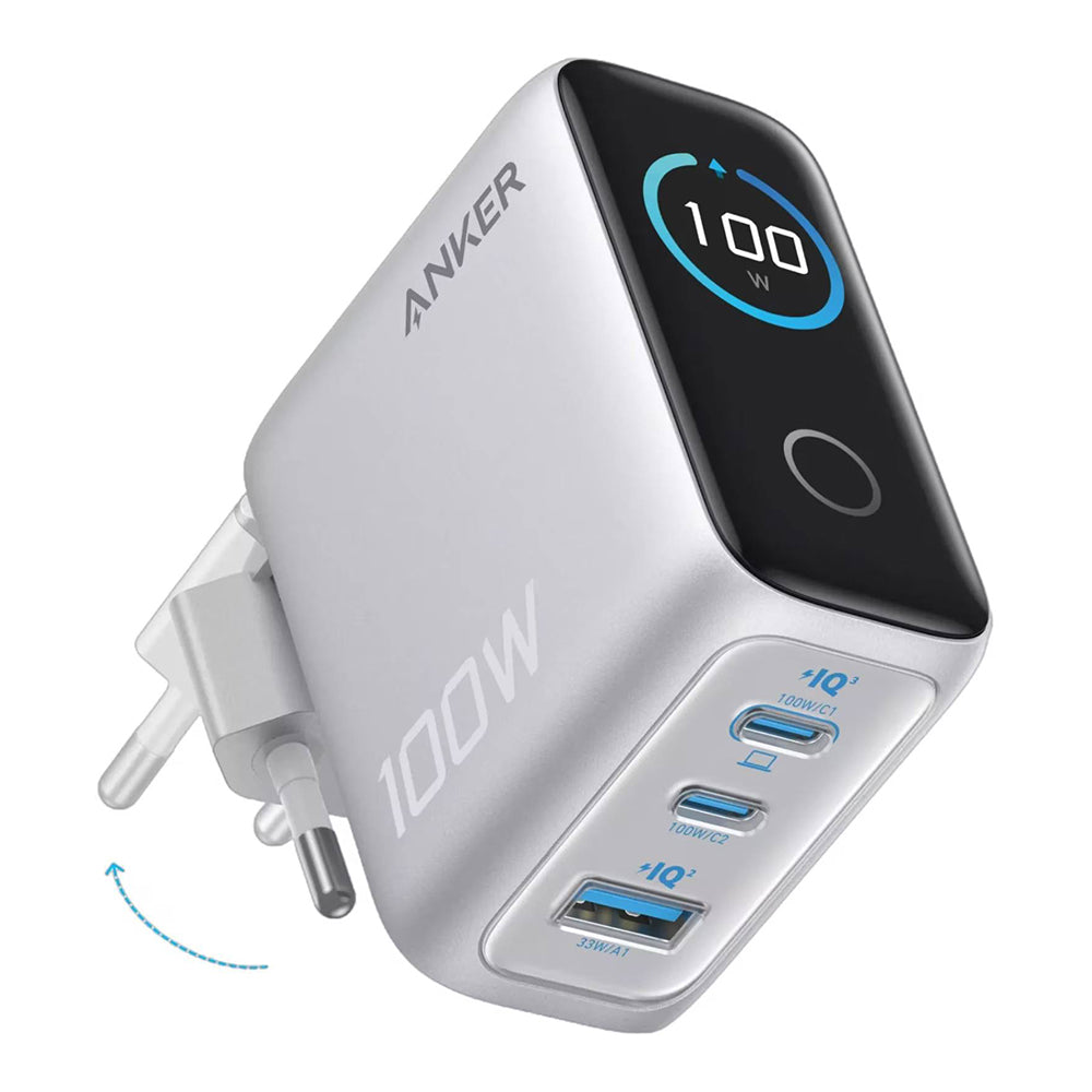 Incarcator Anker (B121BG41), 2x USB-C + USB, 100W, Fast Charge, Argintiu
