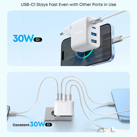Incarcator Anker (A121EG21), 2x Type-C + 2x USB, 50W, EU, Alb