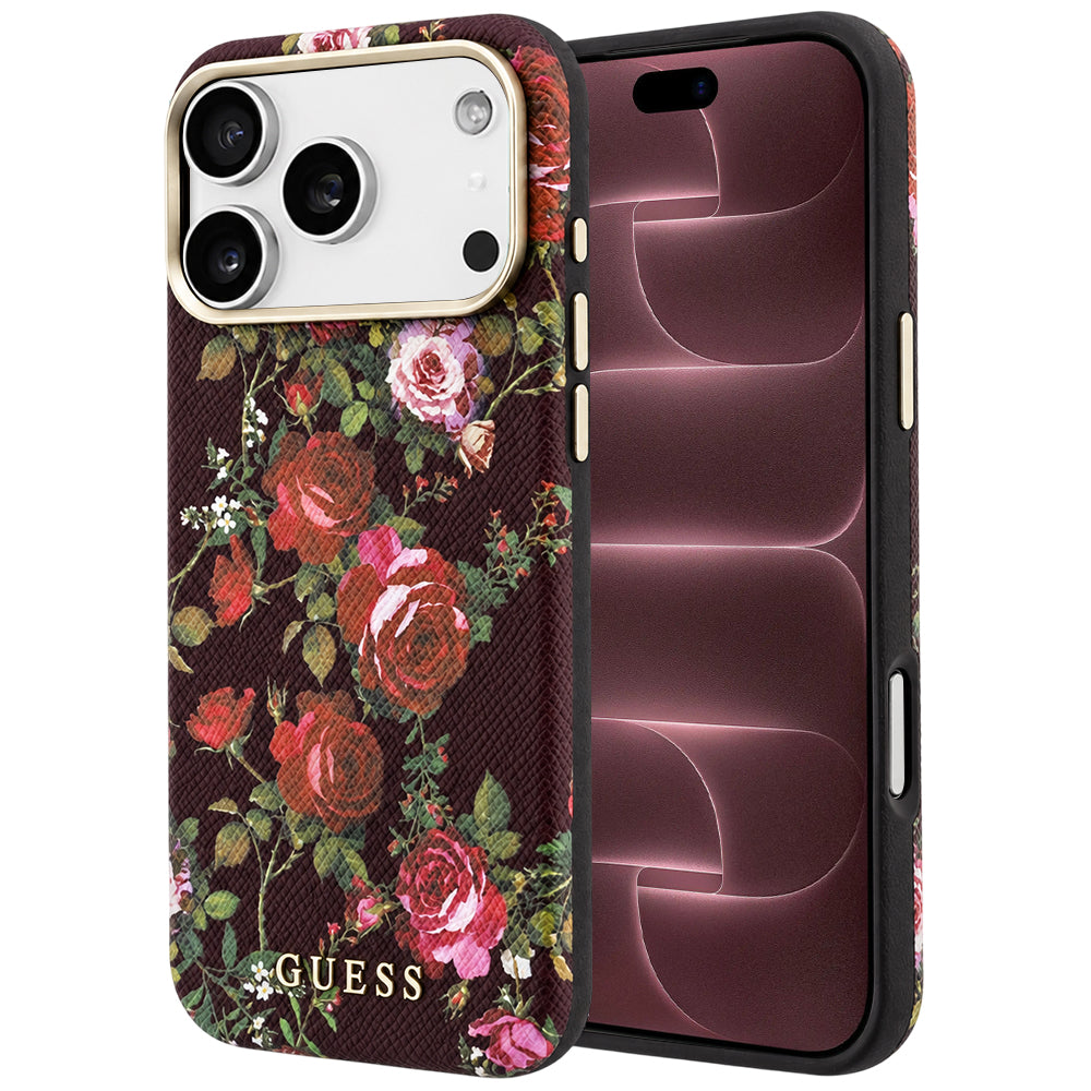 Husa de protectie Guess Blossom Roses Print compatibil cu iPhone 18 Pro Max / iPhone 17 Pro Max, Bordo