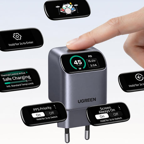 Incarcator Ugreen (25419B), USB-C, 45W, GaN, Afisaj Inteligent, Gri