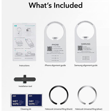 Suport ESR Adapter HaloLock (set de 2), Compatible with MagSafe, Universal Phone Ring for Samsung, iPhone, Negru /Silver