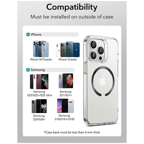 Suport ESR Adapter HaloLock (set de 2), Compatible with MagSafe, Universal Phone Ring for Samsung, iPhone, Negru /Silver