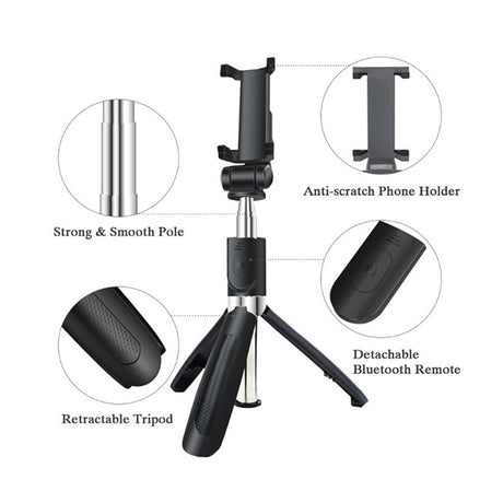 Suport Techsuit Selfie Stick (L01s), Tripod Stable Mount with Extendable Arm, Bluetooth Remote Control, 70cm, Negru