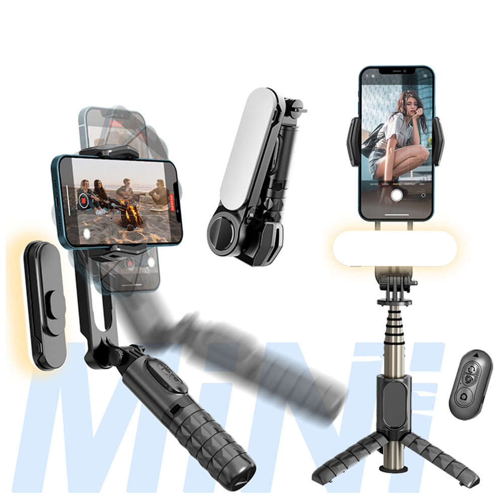 Suport Techsuit Gimbal Mini Selfie Stick (Q09), Stabilizer Tripod with LED Light and Bluetooth Remote Control, 70cm, Negru