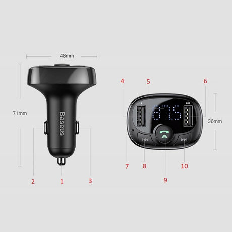 Gadget Baseus FM Modulator and Car Charger S-09A (CCMT000001), T Typed, 2xUSB-A with LED Display, Negru