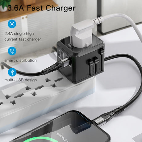 Incarcator Yesido (MC10), 3x USB, Type-C, for Travel, EU, UK, US, AUS, 3.6A, Negru