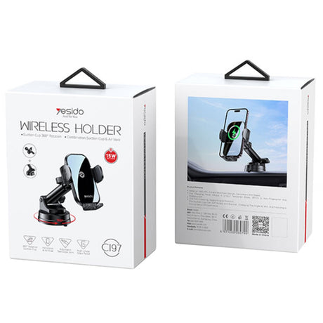 Suport Yesido with Wireless Charging (C197), for Windshield and Dashboard, 15W, Negru