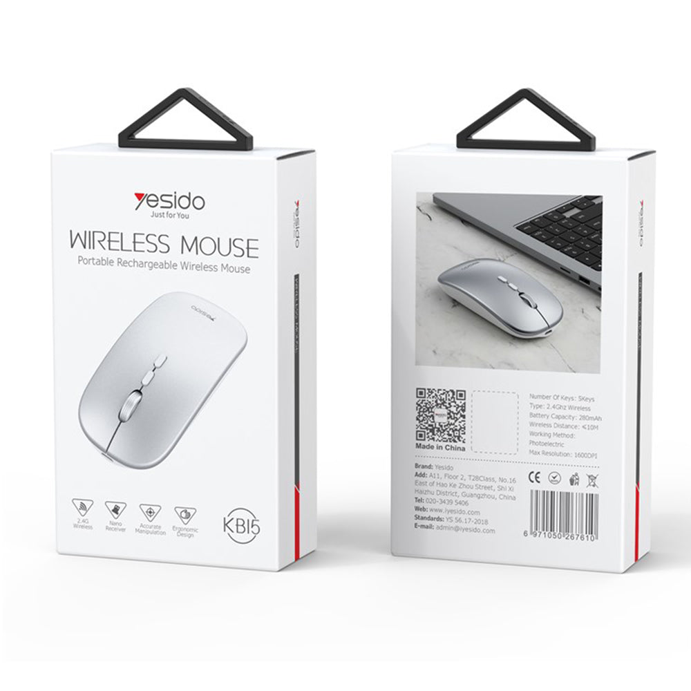Mouse Yesido (KB15), 800/1200/1600DPI, 2.4G, Argintiu