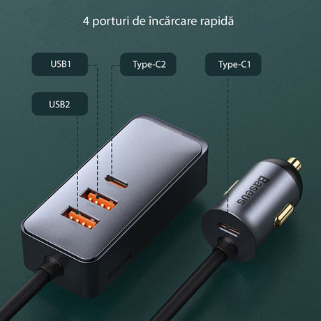Incarcator Baseus Car Share Together (CCBT-A0G), Port Extension, 2x USB, 2x Type-C, Fast Charging, 120W, Gri