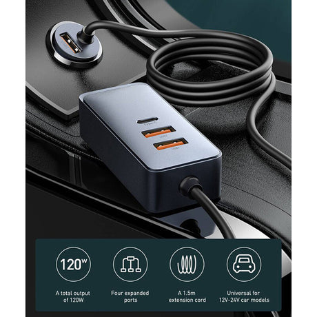 Incarcator Baseus Car Share Together (CCBT-A0G), Port Extension, 2x USB, 2x Type-C, Fast Charging, 120W, Gri