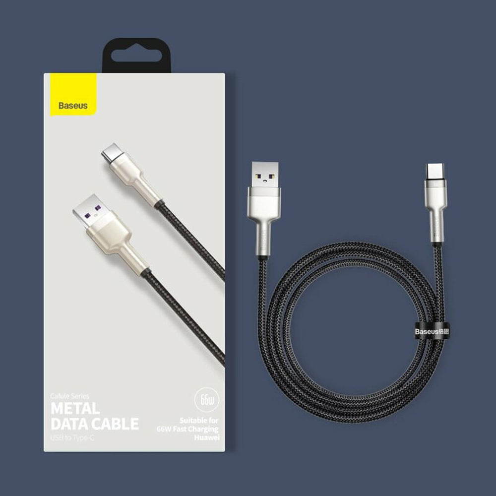 Cablu Baseus Cafule Series Metal (CAKF000001), USB to Type-C, Super Fast Charging, 66W, 6A, 25cm, Negru