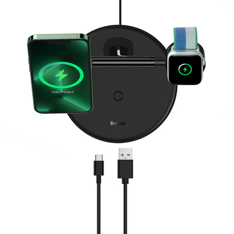 Incarcator Baseus Wireless Charging Station Swan (WXTE000101), MagSafe, for iPhone, iWatch, AirPods, with Cable Type-C, 1m, Negru