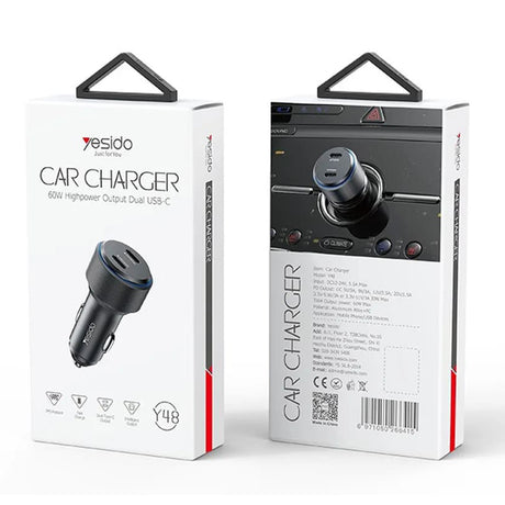 Incarcator Yesido Car (Y48), 2x Type-C, Fast Charging, 60W, Negru