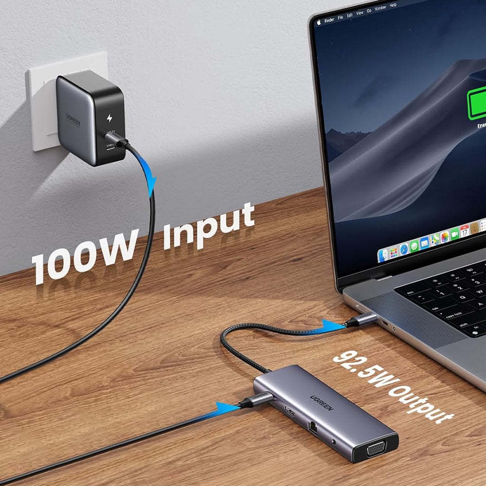 Hub/Dock Ugreen Docking Station CM498 (15601), USB-C to Type-C, 3x USB, HDMI, RJ45, Jack 3.5mm, VGA, TF, SD Card, Gri