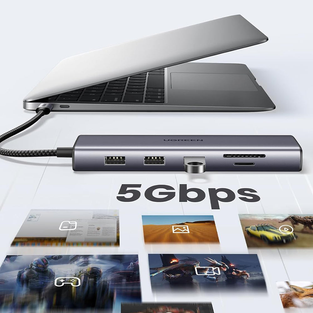 Hub/Dock Ugreen Docking Station CM498 (15601), USB-C to Type-C, 3x USB, HDMI, RJ45, Jack 3.5mm, VGA, TF, SD Card, Gri