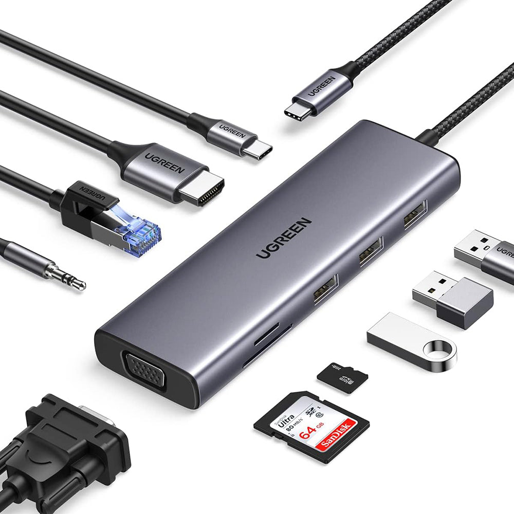 Hub/Dock Ugreen Docking Station CM498 (15601), USB-C to Type-C, 3x USB, HDMI, RJ45, Jack 3.5mm, VGA, TF, SD Card, Gri