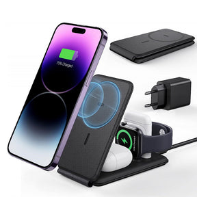 Incarcator ESR Premium 3in1 Travel Wireless Charging Set (2C569A), for iPhone, MFi Apple Watch, AirPods, Qi2 15W, Negru