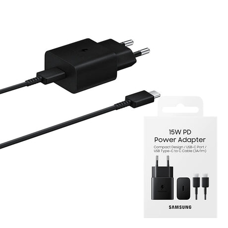 Incarcator Samsung Original (EP-T1510XBEGEU), Type-C Cable Included, Type-C Fast Charging 15W,, Negru (Blister Packing)
