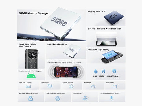 Doogee S118, 4G, 6.58” FHD+ 120Hz IPS, 20GB RAM (8GB + 12GB extensibili), 512GB ROM, Android 14, Helio G99 Octa Core, 50MP+32MP, 10800mAh, DualSim