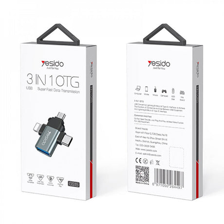 Adaptor Yesido OTG Adapter (GS15), USB to Lightning, Micro-USB, Type-C, Plug & Play, 480Mbps, Negru
