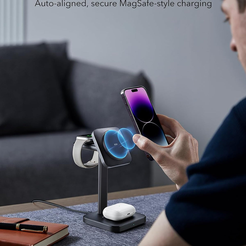 Incarcator ESR Charging Station 3in1 HaloLock, for iPhone MagSafe, AirPods Pro and Apple Watch, with Detachable Watch Charger, Negru