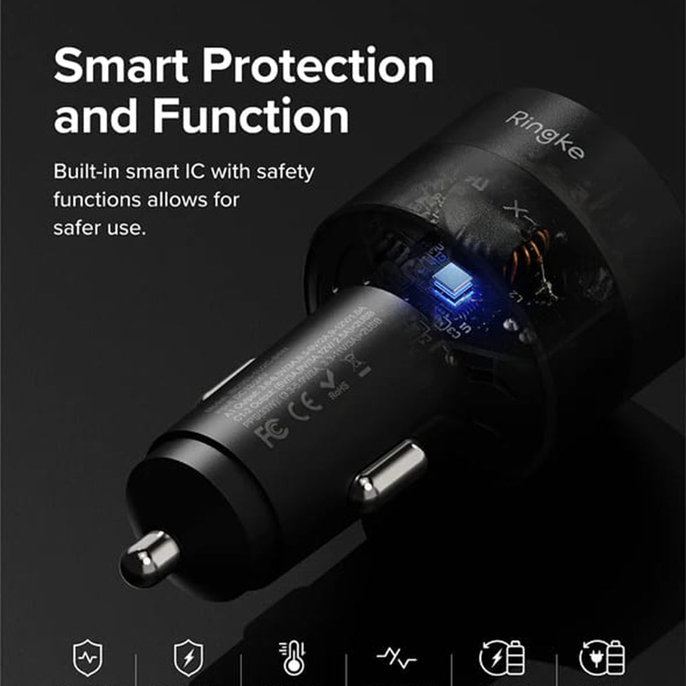Incarcator Ringke Car, USB, 2x Type-C, PD30W, QC3.0, with Ambiental Light, Negru
