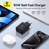 Incarcator Baseus (P10111402113-00), GaN, 2x USB, Type-C, Fast Charging, 30W, Cluster Black