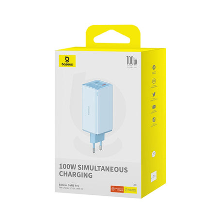 Incarcator Baseus GaN6 Pro (P10162705312-00), Type-C Cable Included, 2x USB, 2x Type-C, 100W, 100W, 20V, 5A, 1m, Albastru