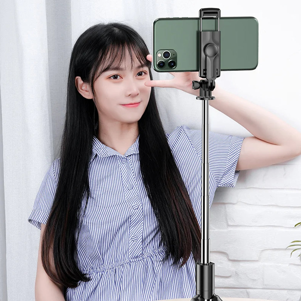 Suport Techsuit Selfie Stick (S03), Stable and Compact Tripod Mount with Bluetooth Remote Control, 68cm, Negru