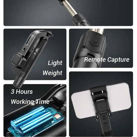Suport Techsuit Selfie Stick Gimbal (C06), Compact Tripod Mount with Bluetooth Remote Control, LED Fill Light, 360, 76cm, Negru