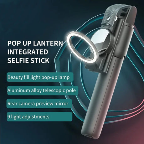 Suport Techsuit Selfie Stick (K13), Compact Tripod Mount with Bluetooth Remote Control, LED Beauty Light, Foldable, 84cm, Negru