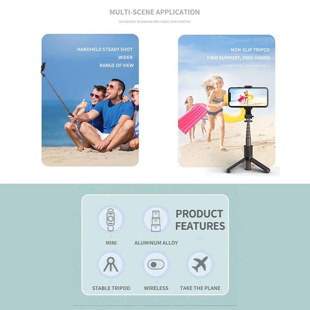 Suport Techsuit Mini Selfie Stick (L10), Stable Tripod with Bluetooth Remote Control, 360 Rotation, Aluminium Alloy, 68cm, Negru