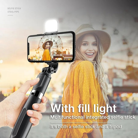 Suport Techsuit Selfie Stick (L02s), Stable Tripod with Bluetooth Remote Control and Fill Light, Stainless Steel, 104cm, Negru