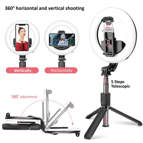 Suport Techsuit Selfie Stick (L07), Stable Tripod with Bluetooth Remote Control and Beauty Ring Light, 90cm, Negru