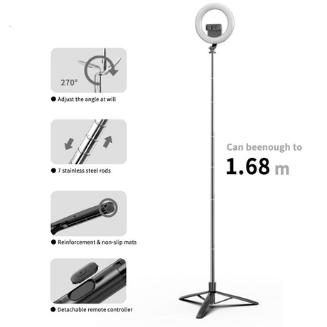 Suport Techsuit Selfie Stick (Q05s), Stable Tripod with Bluetooth Remote Control and Ring Light, Stainless Steel, 170cm, Negru