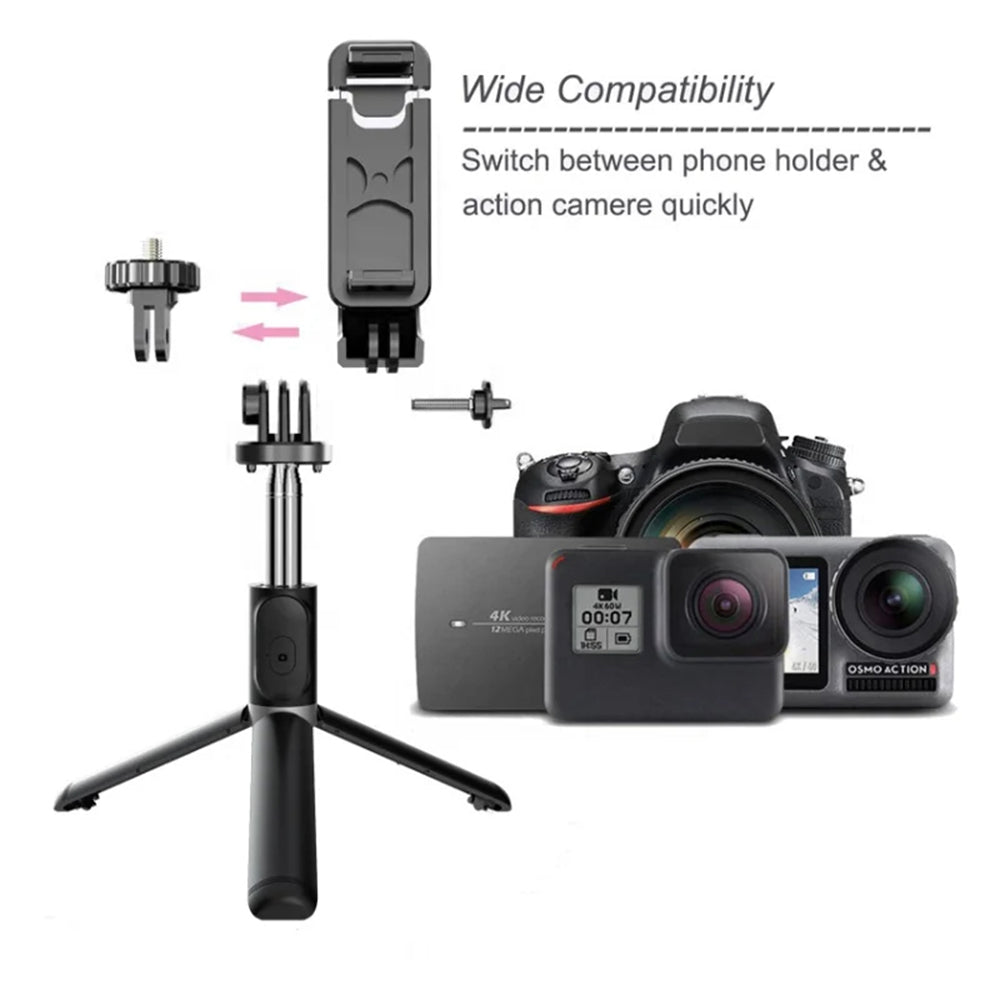 Suport Techsuit Selfie Stick (Q02), Foldable Tripod with Bluetooth Remote Control, 360 Rotation, Stainless Steel, 103cm, Negru