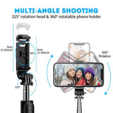 Suport Techsuit Selfie Stick (Q02), Foldable Tripod with Bluetooth Remote Control, 360 Rotation, Stainless Steel, 103cm, Negru
