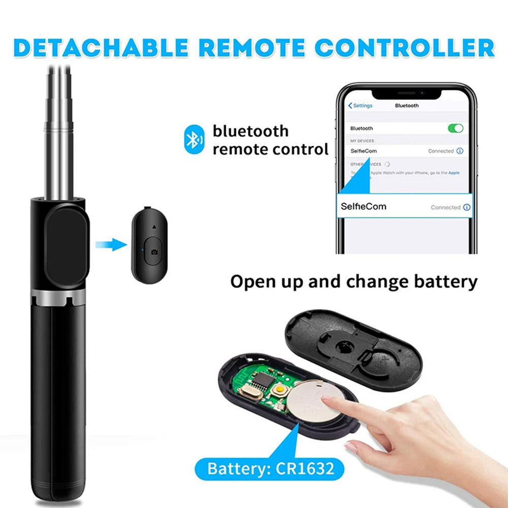 Suport Techsuit Selfie Stick (Q02), Foldable Tripod with Bluetooth Remote Control, 360 Rotation, Stainless Steel, 103cm, Negru