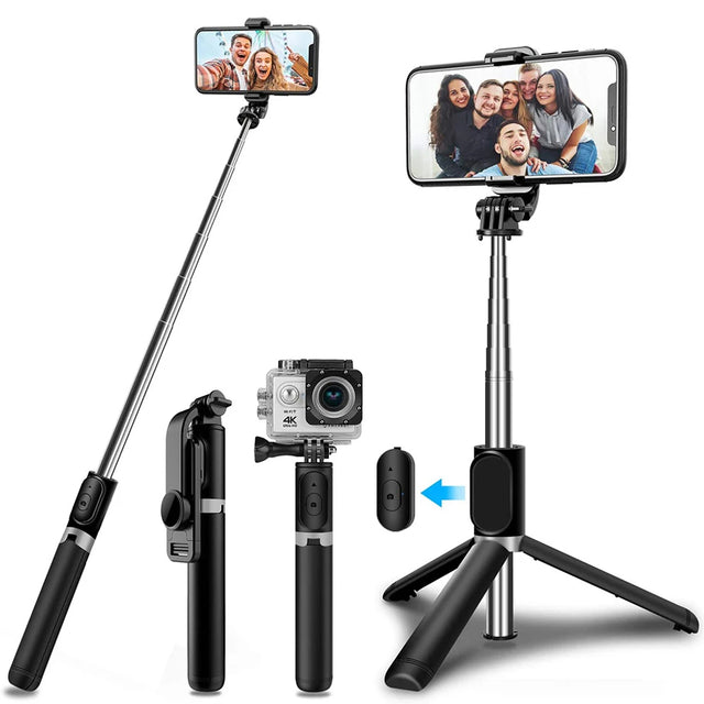 Suport Techsuit Selfie Stick (Q02), Foldable Tripod with Bluetooth Remote Control, 360 Rotation, Stainless Steel, 103cm, Negru