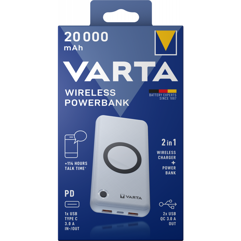 Baterie Externa Wireless Varta, 20000mAh, 18W, QC + PD, 2 x USB-A - 1 x USB-C