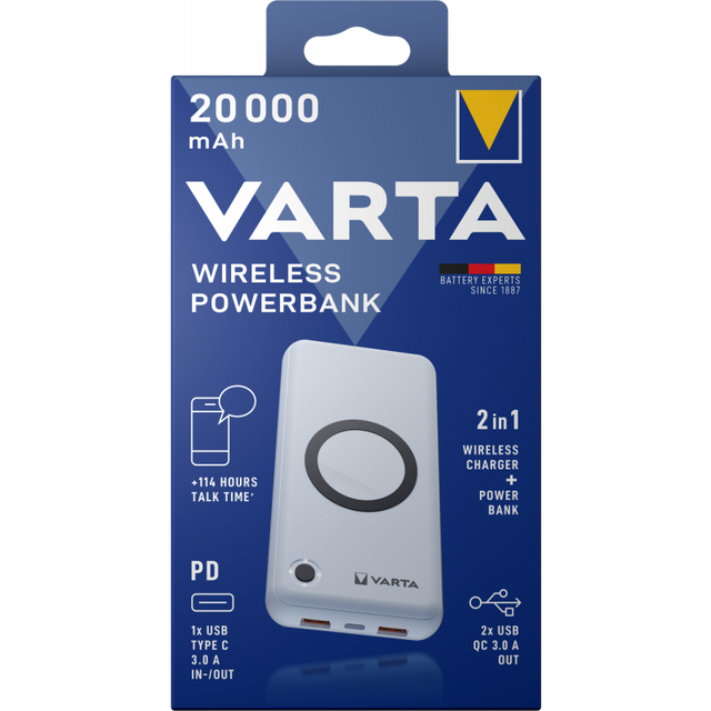 Baterie Externa Wireless Varta, 20000mAh, 18W, QC + PD, 2 x USB-A - 1 x USB-C