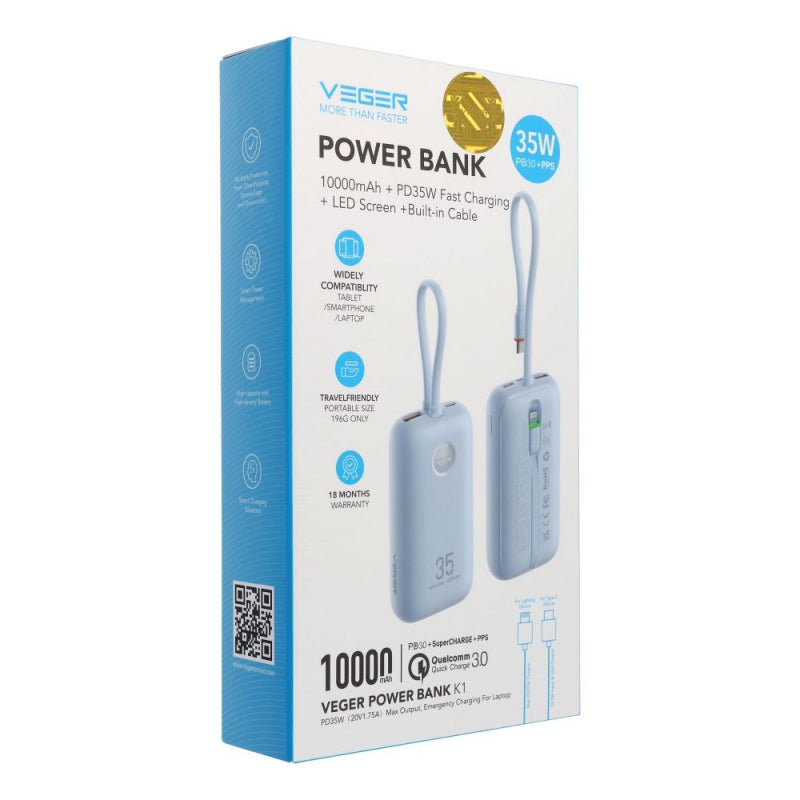 Baterie Externa Wireless Veger, 10000mAh, 35W, QC + PD, 1 x Lightning - 1 x USB-A - 1 x USB-C